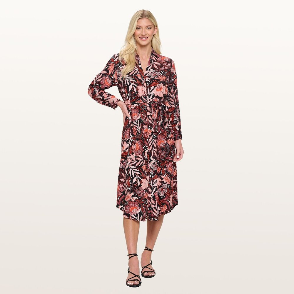 Black Floral Midi Shirt Dress Long Sleeve Belted Dress